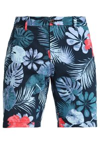 Herrebukser i mørk navy stof med et livligt blomsterdesign i nuancer af grøn, lys blå og rød. Med knaplukning.