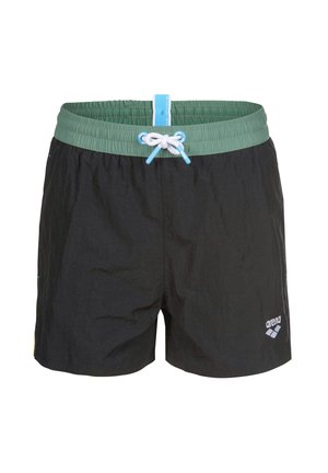 Costume da bagno nero con elastico verde in vita, coulisse bianca con punte blu e piccolo logo bianco Arena sulla gamba sinistra.