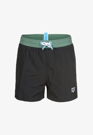 Schwarze Badeshorts mit grünem elastischem Bund, weißem Kordelzug mit blauen Enden und kleinem weißem Arena-Logo am linken Bein.