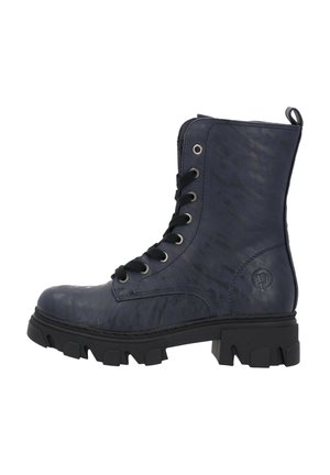 Navy blue ankle boot with a textured finish, lace-up front, and metal eyelets. Features a thick black rubber sole with gripping treads.