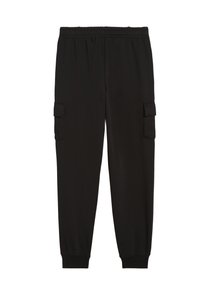 Svarta cargobyxor i sweatpantsmodell med elastisk midja och sidofickor, designade för komfort och avslappnad stil.