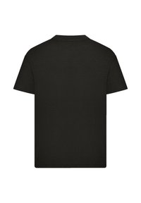 Schwarzes Baumwoll-T-Shirt mit kurzen Ärmeln und rundem Halsausschnitt. Verfügt über eine glatte Textur und ein einfaches, einfarbiges Design ohne Grafiken.