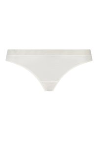 Weiße Tanga-Unterwäsche mit glatter Textur, elastischem Bund und minimaler Bedeckung. Verfügt über genähte Kanten für zusätzliche Haltbarkeit.