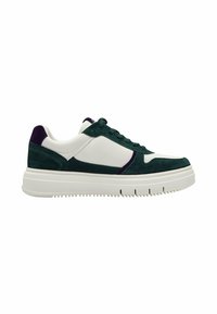 Green and white sneakers with a suede upper, rubber sole, purple accents, round toe, and padded tongue. Features lace-up closure.