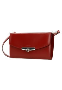 Borsa a tracolla in pelle rossa con forma slanciata e elegante. Presenta una chiusura a pattina, dettagli in metallo argentato e una tracolla staccabile.