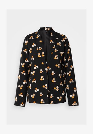 Blazer preto com estampa floral em branco e laranja, apresentando lapela com corte em bico, mangas longas e um ajuste relaxado. Textura de tecido suave.