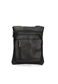 Borsa a tracolla in pelle nera con molteplici scomparti con zip e una texture liscia; presenta il logo del marchio impresso sulla parte anteriore.