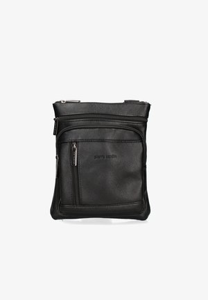 Borsa a tracolla in pelle nera con molteplici scomparti con zip e una texture liscia; presenta il logo del marchio impresso sulla parte anteriore.