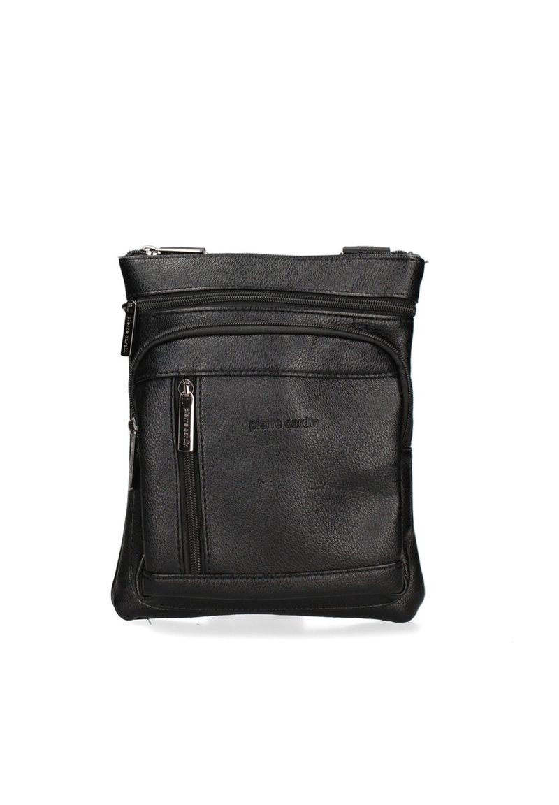 Borsa a tracolla in pelle nera con molteplici scomparti con zip e una texture liscia; presenta il logo del marchio impresso sulla parte anteriore.
