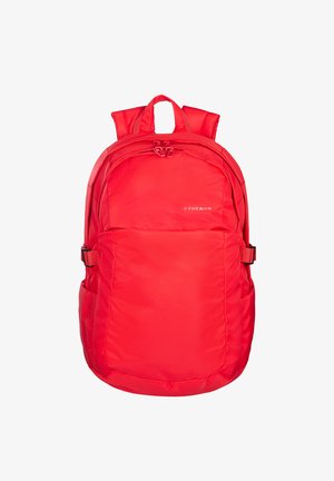 Roter, rechteckiger Rucksack aus Nylon mit zwei verstellbaren Trägern, einem oberen Griff, zwei Reißverschlussfächern und einer Seiten Tasche. Mit Markenlogo.