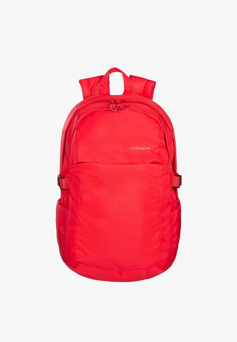 Zaino rettangolare rosso in nylon con due spallacci regolabili, un manico superiore, due scomparti con zip e una tasca laterale. Presenta il logo del marchio.