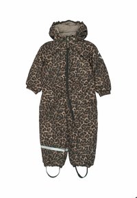 Lumi-täplikkäiden lumipuku ruskean ja mustan sävyissä, jossa on vetoketjuetuosa, joustavat hihansuut ja heijastava koristekaistale. Fleece-vuorattu huppu.