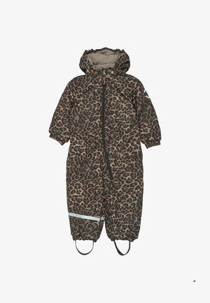 Salopetă de zăpadă cu imprimeu leopard în nuanțe de maro și negru, cu fermoar frontal, manșete elastice și bandă reflectorizantă. Glugă căptușită cu fleece.