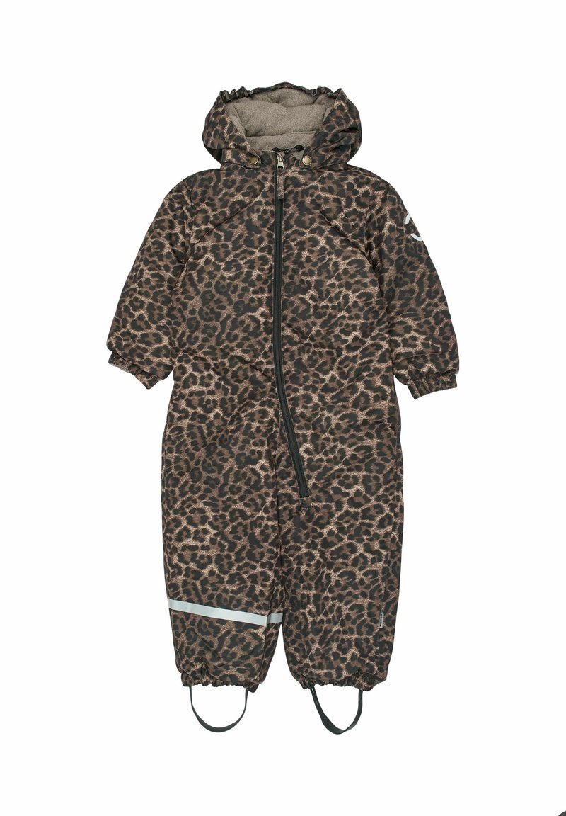 Lumi-täplikkäiden lumipuku ruskean ja mustan sävyissä, jossa on vetoketjuetuosa, joustavat hihansuut ja heijastava koristekaistale. Fleece-vuorattu huppu.