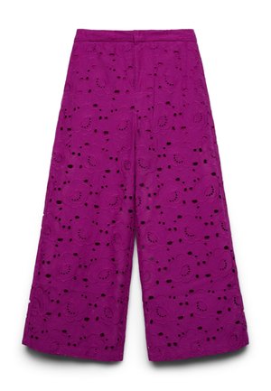 Pantaloni viola a gamba larga e corta con ricamo floreale a occhiello e vita alta.