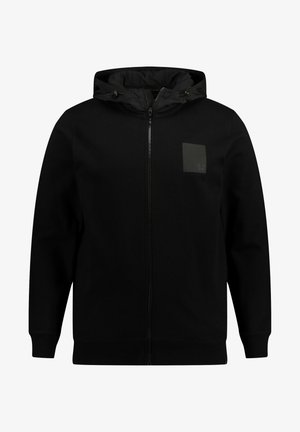 Haut de sweat à capuche zippé noir avec un tissu texturé, capuche ajustable avec cordon de serrage, et un discret logo en relief sur la poitrine.