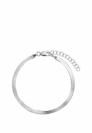 Silver-tone flat snake chain bracelet with lobster clasp and adjustable extension chain on a white background.