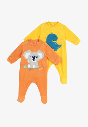 Due body per neonati: uno arancione con design di un koala e l'altro giallo con un dinosauro blu. Entrambi sono in morbido materiale simile al pile e hanno chiusure a scatto.