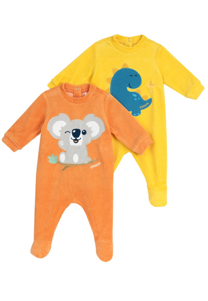 Dos bodies de bebé: uno naranja con un diseño de koala y otro amarillo con un dinosaurio azul. Ambos son de un material suave, parecido a forro polar, y tienen cierres de snap.
