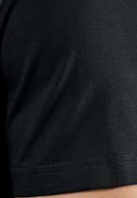 Black short-sleeve t-shirt made from smooth fabric, featuring a round neckline and subtle texture with a straight hemline.