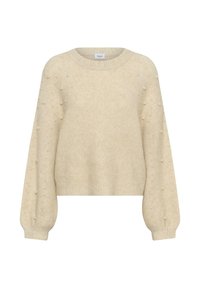 Maglione lavorato a maglia color crema con scollatura tonda e maniche lunghe. Presenta un tessuto testurizzato e decorazioni di perle lungo le maniche.