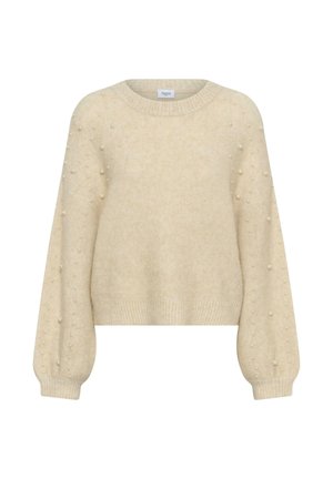 Pullover tricotat de culoare crem, cu decolteu rotund și mâneci lungi. Are un material texturat și embellisheuri cu perle pe manșete.