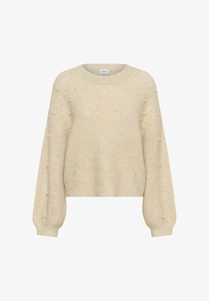 Pullover tricotat de culoare crem, cu decolteu rotund și mâneci lungi. Are un material texturat și embellisheuri cu perle pe manșete.