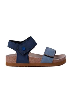 Sandalino per bambino con cinturini regolabili blu navy e azzurro, sottopiede marrone texturizzato e suola marrone flessibile, mostrato di profilo.