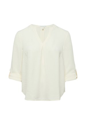 Kremowa bluzka z długim rękawem, z dekoltem w kształcie litery V, z przodu z plisą i podwiniętymi mankietami zapinanymi na guziki.