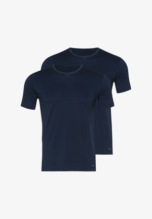 Marineblaue Rundhals-T-Shirts, kurze Ärmel, glatte Textur, im Zweierpack abgebildet, keine sichtbaren Muster, dezente Markenkennzeichnung am Saum.