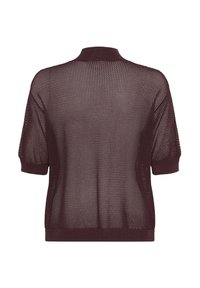 Burgundy knitted top with short sleeves, featuring a mesh texture and a ribbed collar and hem. The back displays a breathable design.