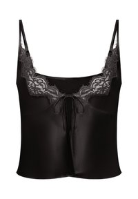 Czarna koszulka na ramiączkach z regulowanymi cienkimi ramiączkami, koronkowym wykończeniem dekoltu, satynowym materiałem i detalem w postaci wiązania z przodu.