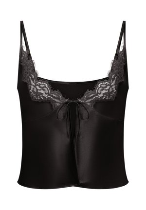 Zwarte camisole met verstelbare dunne spaghettibandjes, een kanten rand bij de halslijn, satijnachtige stof en een strikdetail aan de voorkant.