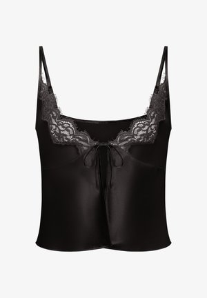 Zwarte camisole met verstelbare dunne spaghettibandjes, een kanten rand bij de halslijn, satijnachtige stof en een strikdetail aan de voorkant.