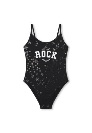 Maillot de bain une pièce noir avec motif d'étoiles argentées. Présente le texte "ROCK" en gras blanc et des bretelles réglables. Tissu lisse et extensible.