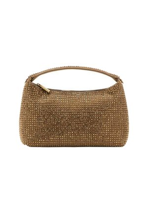 Sac à main marron de forme arrondie, orné de petits clous métalliques, avec une seule poignée supérieure et une fermeture éclair. Doublure intérieure lisse.