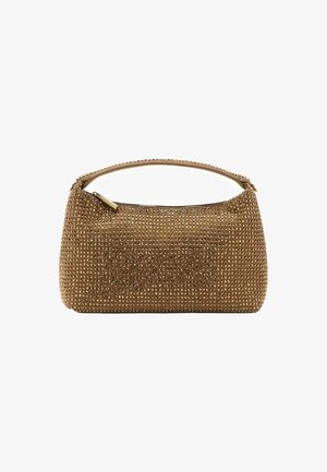 Bolso de mano marrón con forma redondeada, cubierto de pequeños tachuelas metálicas, que cuenta con un asa superior sencilla y un cierre de cremallera. Forro interior suave.