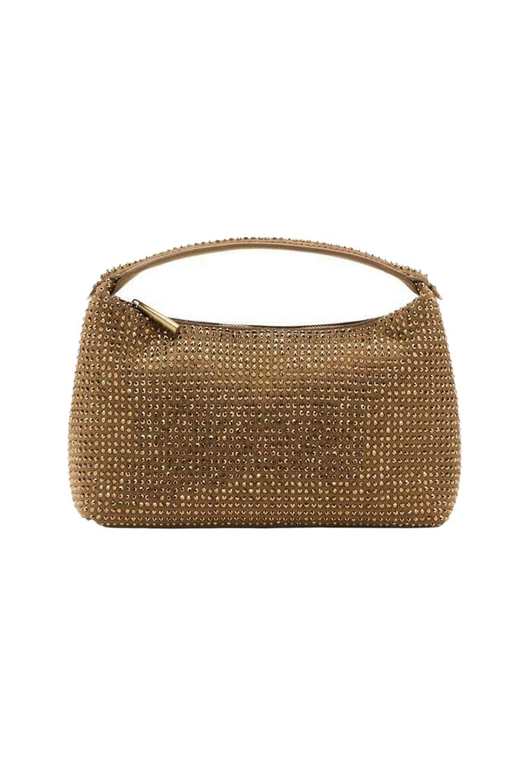 Sac à main marron de forme arrondie, orné de petits clous métalliques, avec une seule poignée supérieure et une fermeture éclair. Doublure intérieure lisse.