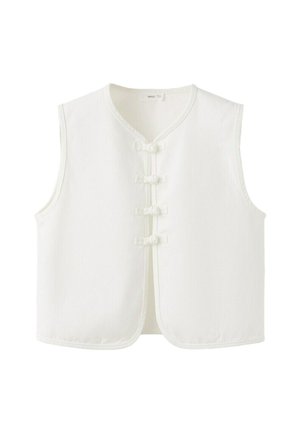 Veste blanche sans manches avec quatre boutons noués traditionnels sur le devant et un col en V arrondi.