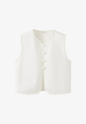 Witte mouwloze vest met vier traditionele knoopsluitingen aan de voorkant en een afgeronde V-hals.