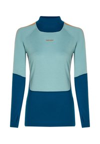 Pullover a maniche lunghe con blocchi di colore, colletto alto, aperture per i pollici sui polsini e piccolo logo ricamato sul petto in toni di blu chiaro e scuro.