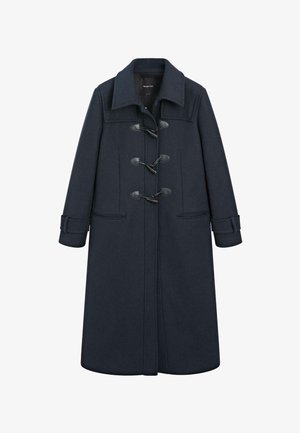 Marinblå lång kappa med bred krage, tre svarta toggelknappar, två sidofickor och ärmsnören på ärmarna.