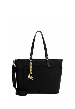 Mustast värvi kandekott kahe käepidemega, eemaldatava õlarihma ja dekoratiivse helmesega võtmehoidjaga, millel on roheline linnusilmus.