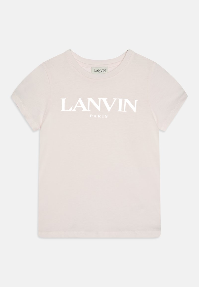 Camiseta de algodão rosa pálido com mangas curtas, apresentando um logotipo branco "LANVIN PARIS" impresso na parte da frente em letras maiúsculas em negrito.