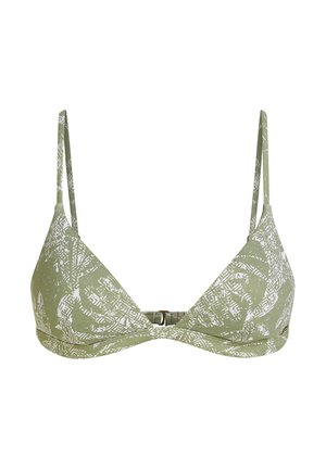 Green triangular bikini top with white geometric pattern, thin adjustable straps, and a clasp closure at the back. Soft fabric texture.
