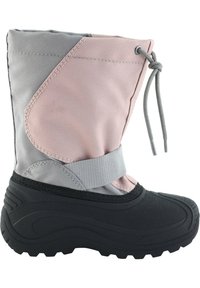 Winterlaars met een bovenkant van grijs en roze nylon, elastisch trekkoord en zwarte rubberen zool. Heeft een gewatteerde schacht en een verstelbare band.