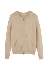 Beige zip-up hoodie med framfickor, dragsko i huvan samt ribbade muddar och fåll, visad mot vit bakgrund.