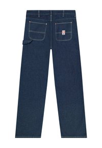 Σκούρα μπλε τζιν παντελόνια εργασίας με δύο πίσω τσέπες, μία με λογότυπο και μία πλευρική θηλιά στο αριστερό πόδι.