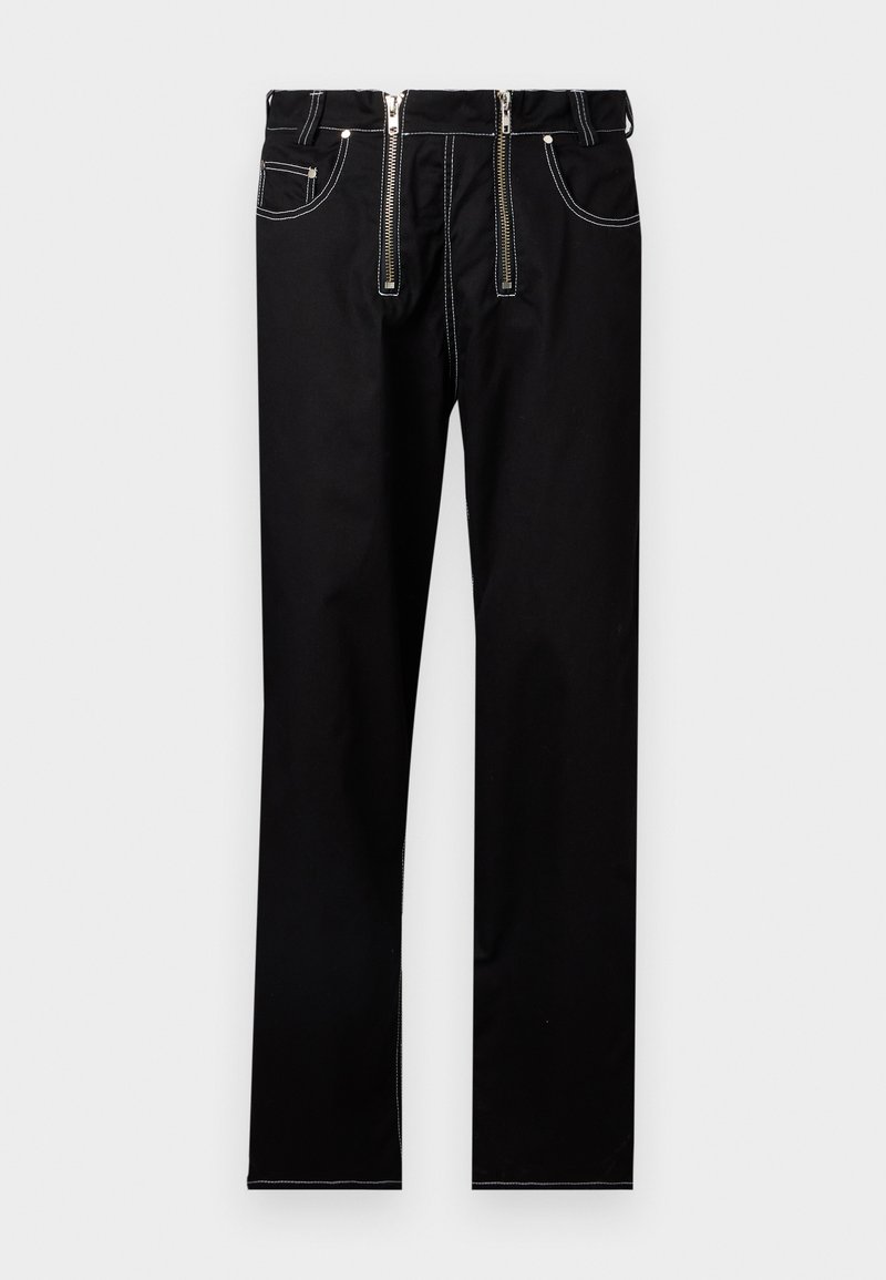 Black straight-leg pants with two front vertical zippers and white contrast stitching on pockets and seams.
