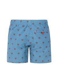 Costumi da bagno blu con stampa ripetuta di palme in rosso scuro. Vita elastica con tasca posteriore e design del tessuto testurizzato.